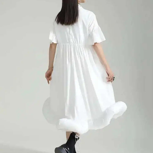 Load image into Gallery viewer, Women White Pleated Hem Ruffles Big Size Shirt Dress New Lapel Short Sleeve Loose Fit Fashion Spring Summer 2025 1DF7190
