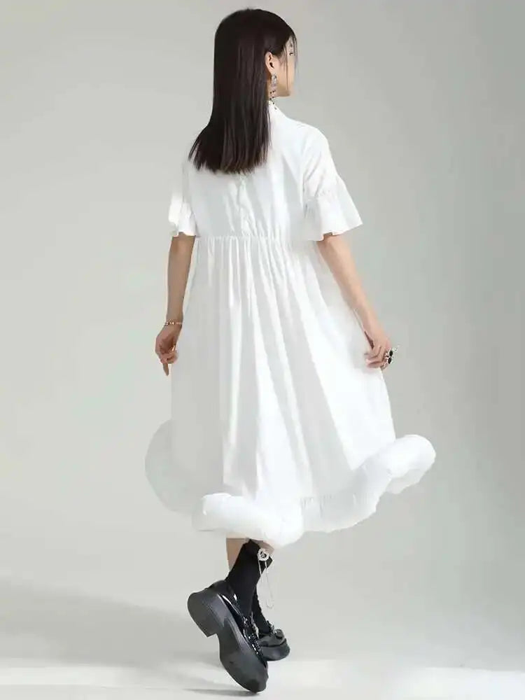 Women White Pleated Hem Ruffles Big Size Shirt Dress New Lapel Short Sleeve Loose Fit Fashion Spring Summer 2025 1DF7190