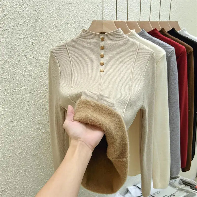 Autumn Winter Korean Fashion Solid Half High Neck Single Breasted Velvet Knit Sweater Women Slim Warm Long Sleeve Pullovers Tops