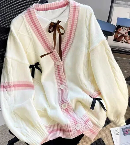 Sweet Bow Knitted Cardigans Y2k Aesthetic All Match Contrast Color Coats Fashion Single Breasted Women Kawaii JK Sweaters Jumper