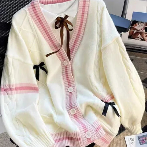 Load image into Gallery viewer, Sweet Bow Knitted Cardigans Y2k Aesthetic All Match Contrast Color Coats Fashion Single Breasted Women Kawaii JK Sweaters Jumper

