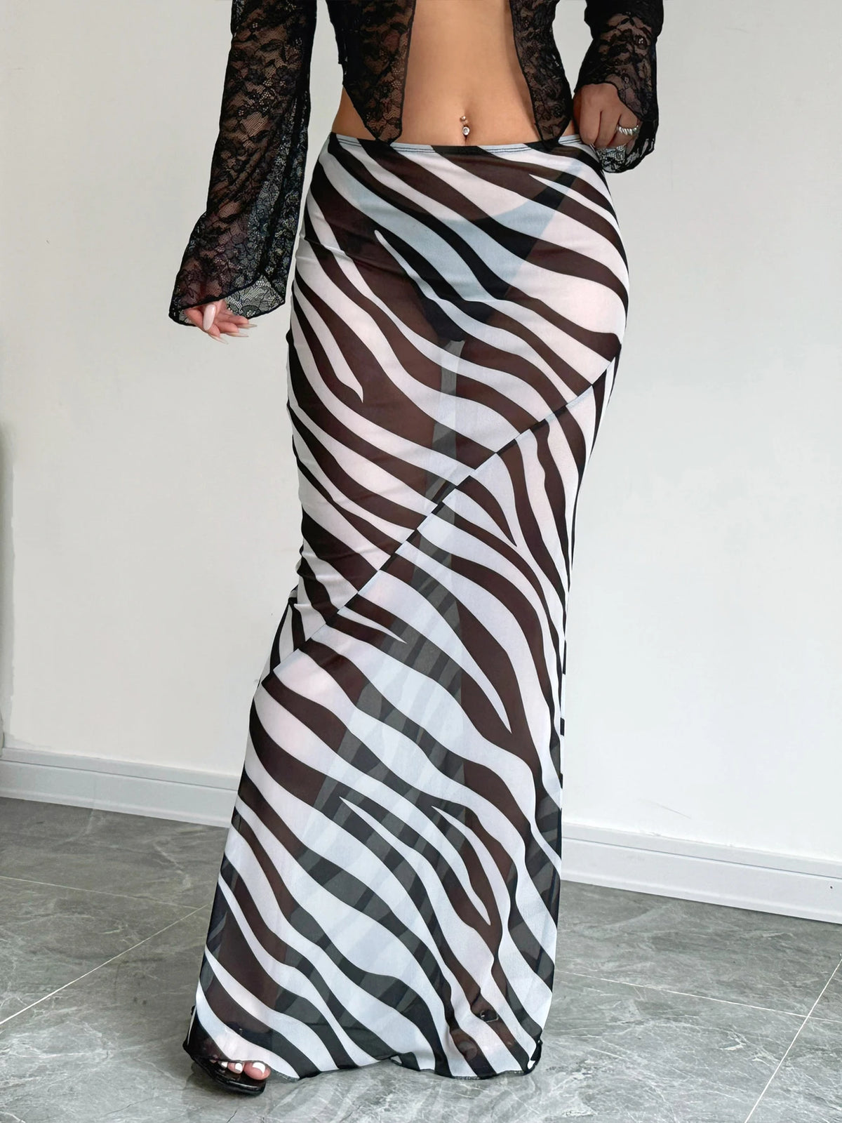 Mesh Print High Waist Sexy See Through Slim Maxi Skirt Summer Women Fashion Outfits Streetwear Festival Y2K Clothes