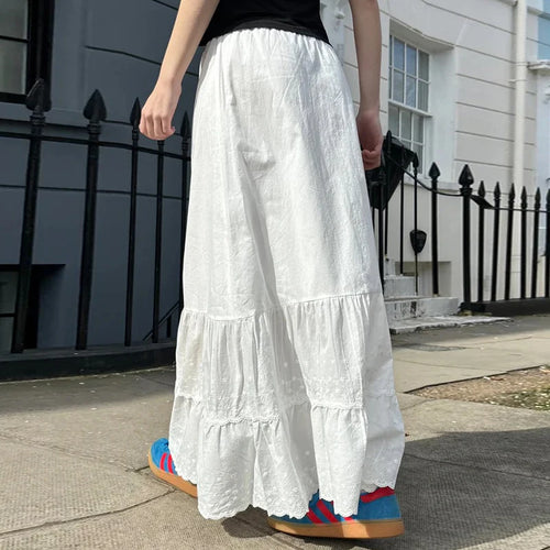 Load image into Gallery viewer, Holidays Streetwear White Maxi Skirt Summer Jacquard Lace Trim Korean Fashion Beach Women Skirt Long French Clothing
