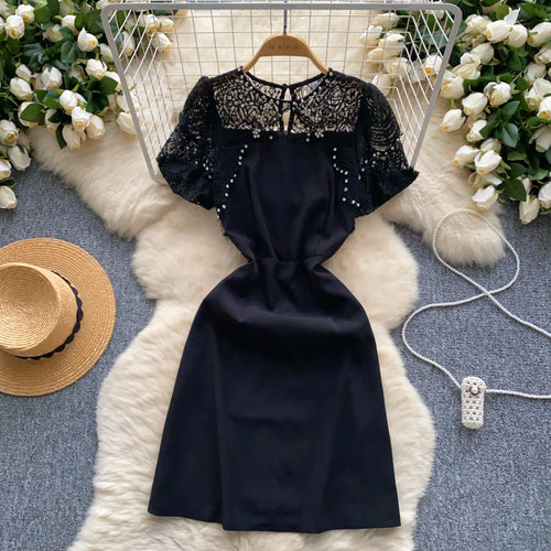 Load image into Gallery viewer, Summer Beige Lace Patchwork Sexy Club Mini Dress French Women Black Diamond Hollow Out High Waist Party Short Dresses 2024 New
