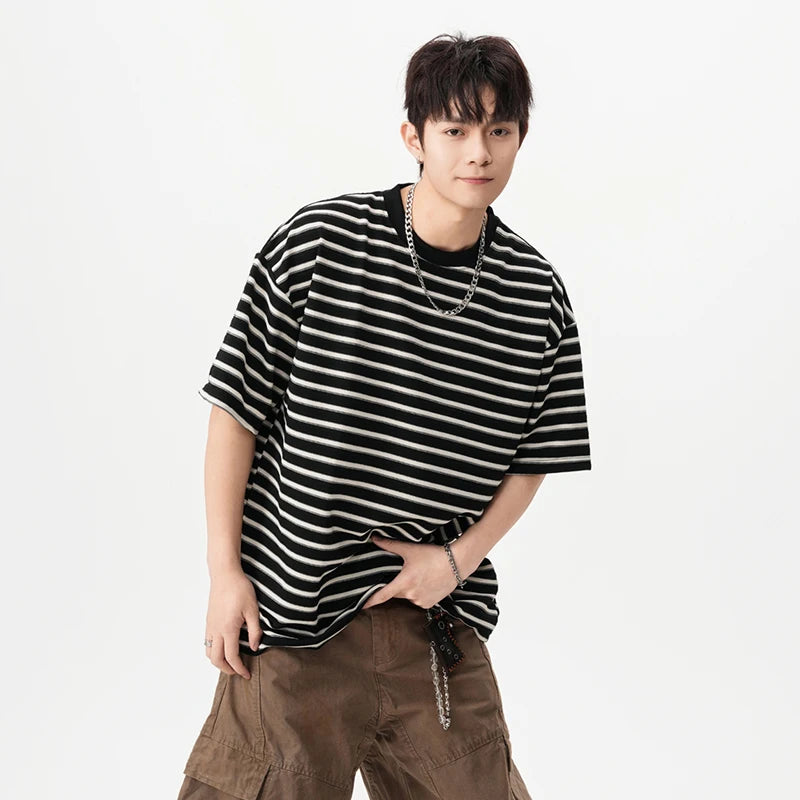 Men's T-shirts New Summer Fashion Striped Design Round Neck Short Sleeve Trendy Clothing Male Causal Pullover Tees 9W1666