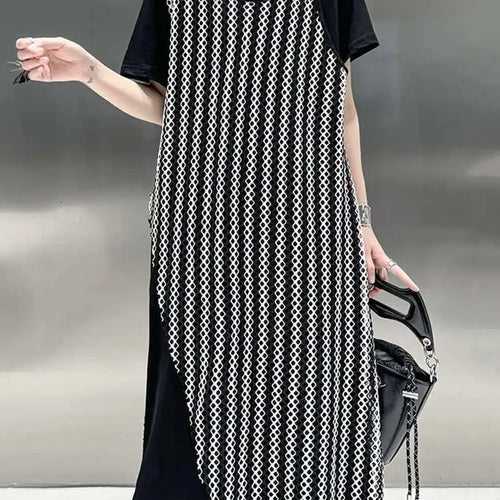 Load image into Gallery viewer, Women Black Irregular Mesh Big Size Casual Midi Dress New Round Neck Short Sleeve Fashion Tide Spring Summer 2025 1DH5415
