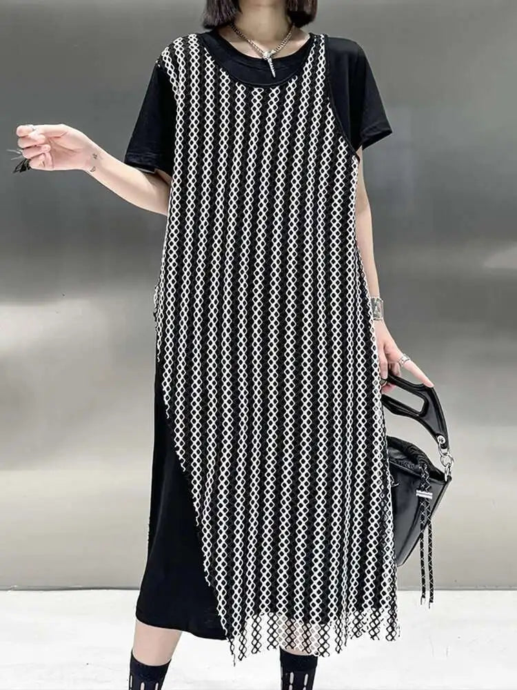 Women Black Irregular Mesh Big Size Casual Midi Dress New Round Neck Short Sleeve Fashion Tide Spring Summer 2025 1DH5415