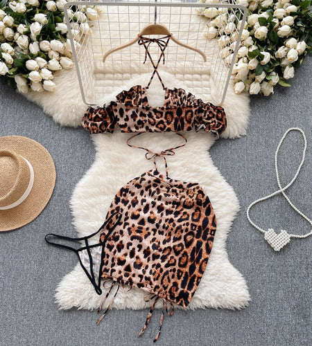 Leopard Print Erotic Three Pieces Sets Women Off the Shoulder Mini Top+Drawstring Short Skirts+Thongs Sexy Night Suits