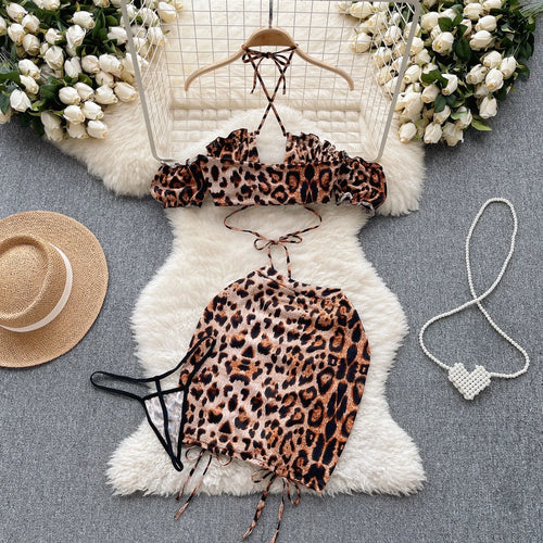 Load image into Gallery viewer, Leopard Print Erotic Three Pieces Sets Women Off the Shoulder Mini Top+Drawstring Short Skirts+Thongs Sexy Night Suits
