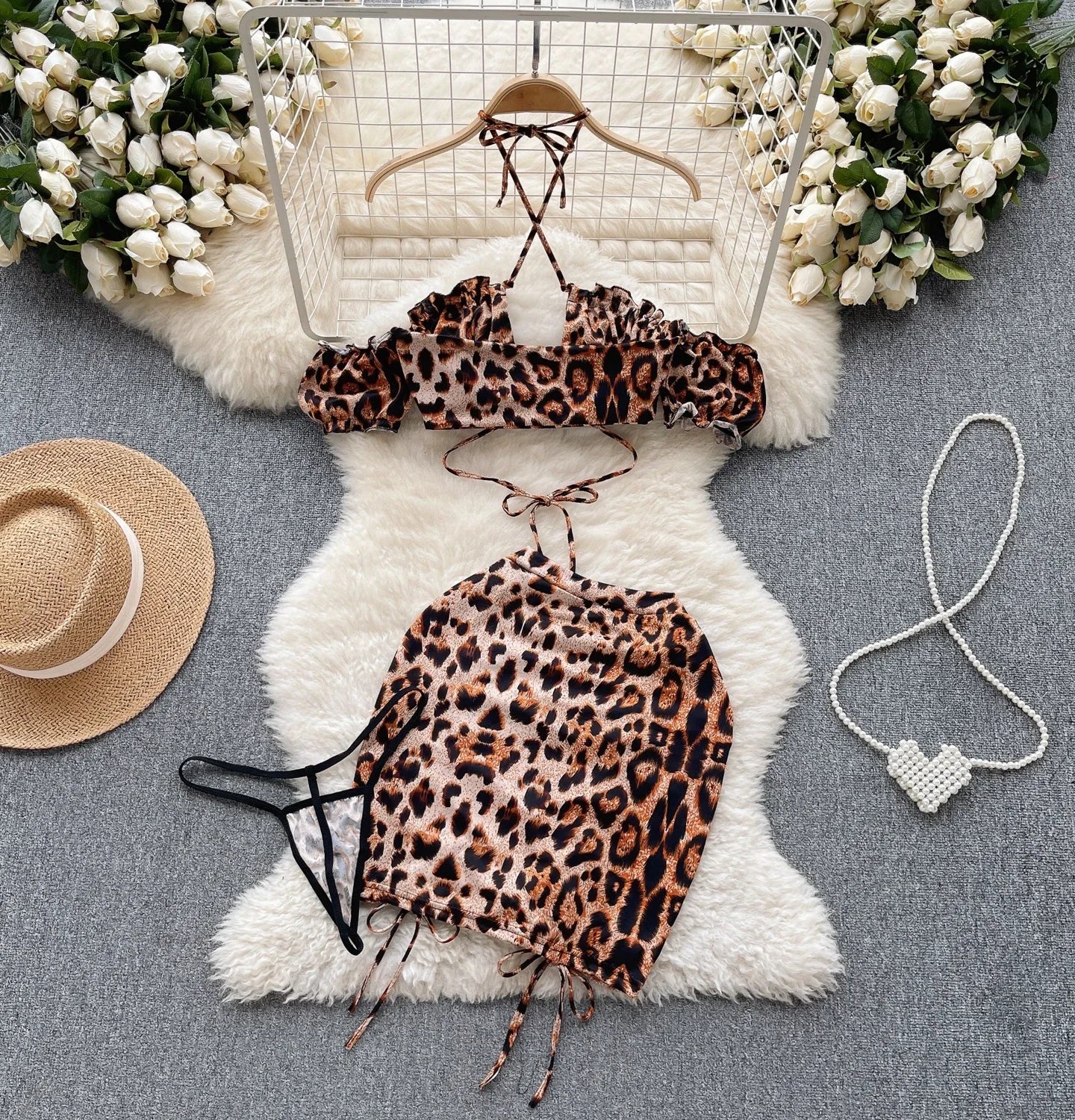 Leopard Print Erotic Three Pieces Sets Women Off the Shoulder Mini Top+Drawstring Short Skirts+Thongs Sexy Night Suits
