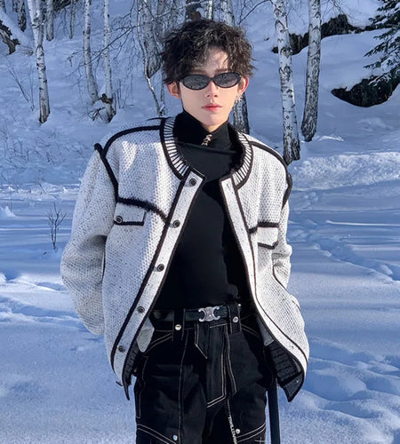 Korean Style Men's Knitting Top Round Collar Single Breasted Contrast Color Loose Male Sweater Personalized Cardigan 9C9360