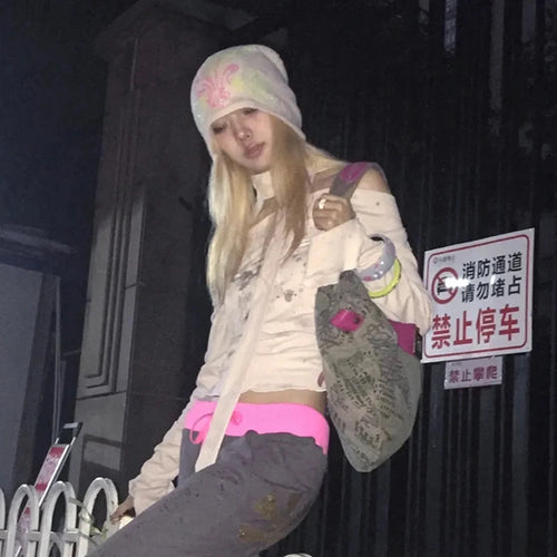 Load image into Gallery viewer, Japanese Y2k Off Shoulder Tops With Scarf Trashy 2000s Style Graffiti Print T-shirt Vintage Harajuku Flare Sleeve Tops
