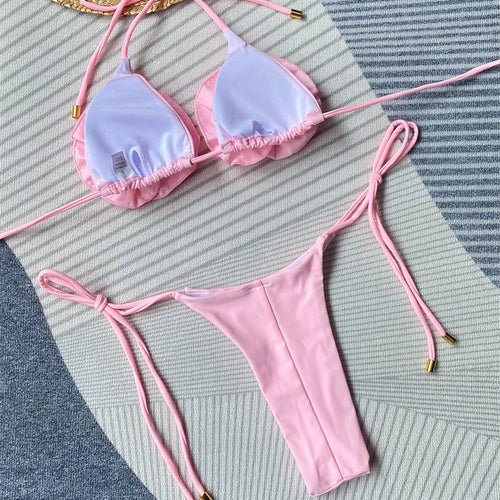 Load image into Gallery viewer, Halter High Cut Bikini Set 2025 Sexy 3D Flower Swimwear Women Swimsuit Brazilian Biquini Around Bandage Bathing Suit
