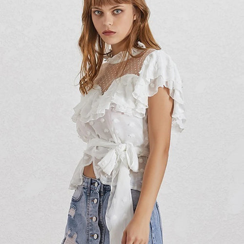 Load image into Gallery viewer, Cut Out Solid Shirt For Women Ruffle Collar Short Sleeve Irregular Hem Blouses Female Slim Spring Clothing
