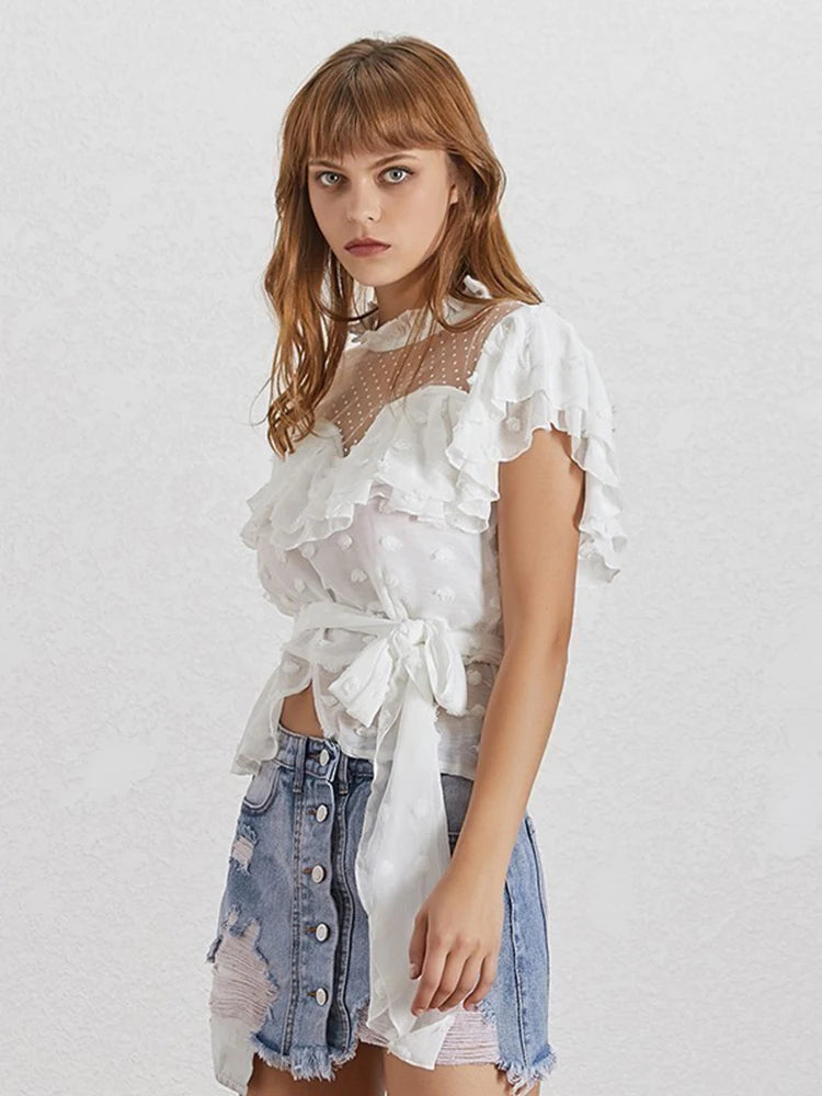 Cut Out Solid Shirt For Women Ruffle Collar Short Sleeve Irregular Hem Blouses Female Slim Spring Clothing