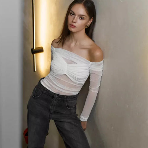 Load image into Gallery viewer, Summer Mesh Off-shoulder T-shirt Women Fashion Pleated Bust Backless Tees Tops Female Elegant Strapless See Through Top
