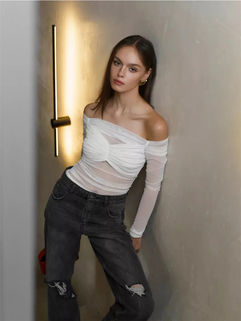 Summer Mesh Off-shoulder T-shirt Women Fashion Pleated Bust Backless Tees Tops Female Elegant Strapless See Through Top