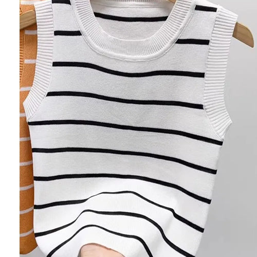 Load image into Gallery viewer, New 2024 Vintage Basic Bottoming Striped Patchwork Knit Vest Women Autumn Winter Elegant Sleeveless Slim Short Tank Tops Fashion
