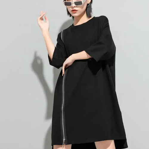 Load image into Gallery viewer, Women Black Zipper Big Size Dress New Round Neck Three-quarter Sleeve Loose Fit Fashion Tide Spring Autumn 2025 1DF5283
