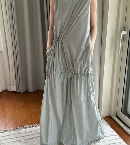 Women White Gray Big Size Long Elegant Thin Dress New Square Collar Sleeveless Fashion Tide Spring Summer 2025 1DH6054