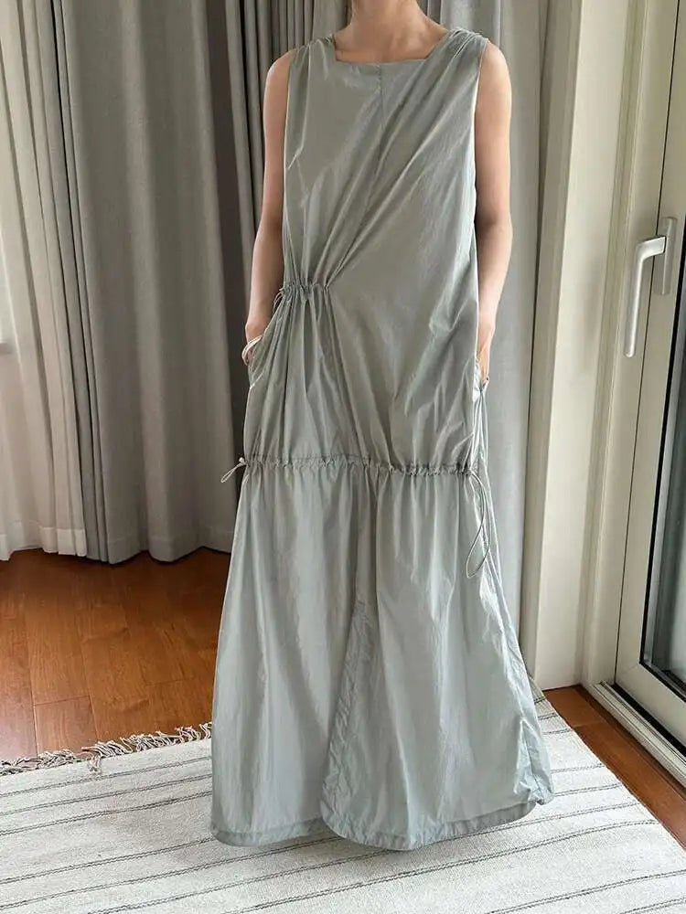 Women White Gray Big Size Long Elegant Thin Dress New Square Collar Sleeveless Fashion Tide Spring Summer 2025 1DH6054