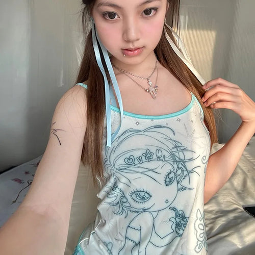 Load image into Gallery viewer, Y2k Aesthetics Cami Top Fairycore Anime Print Camisole 2000s Kawaii Crop Top Japanese Harajuku Tank Tops Grunge E-girls
