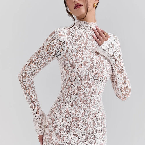 Load image into Gallery viewer, Lace Long Sleeve Sexy Midi Dress For Women Elegant White Half High Collar High Waist Bodycon Club Party Sexy Long Dress
