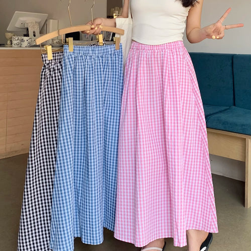 Load image into Gallery viewer, Korean Women Blue Pink Black Plaid Elastic High Waist Skirt Summer Holiday A-line Pleated Long Skirts Casual Streetwear Popular
