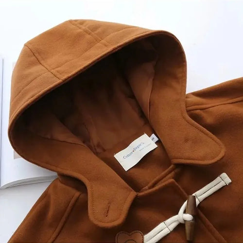 Load image into Gallery viewer, Solid Horn Button Long Straight Hooded Wool Coats Women Winter  Sleeve Korean Casual Ladies Warmness Vintage Outwear
