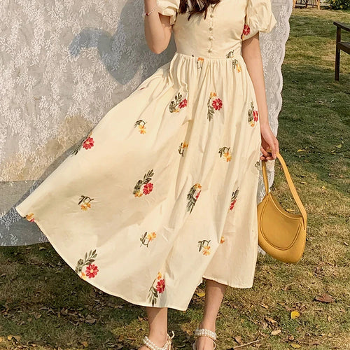 Load image into Gallery viewer, High Street Embroidery Fake Two-piece Women Dress Korean Style Apricot Puff Sleeve Summer Elegant Sweet Female Dresses
