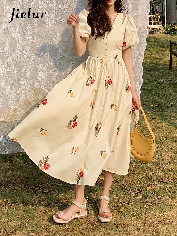 High Street Embroidery Fake Two-piece Women Dress Korean Style Apricot Puff Sleeve Summer Elegant Sweet Female Dresses