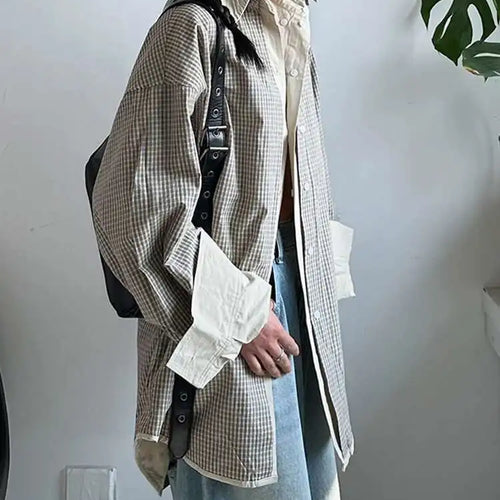 Load image into Gallery viewer, Women Khaki Plaid Double Layers Color-block Big Size Blouse New Lapel Long Sleeve Shirt Fashion Spring Autumn 2025 1DJ0728
