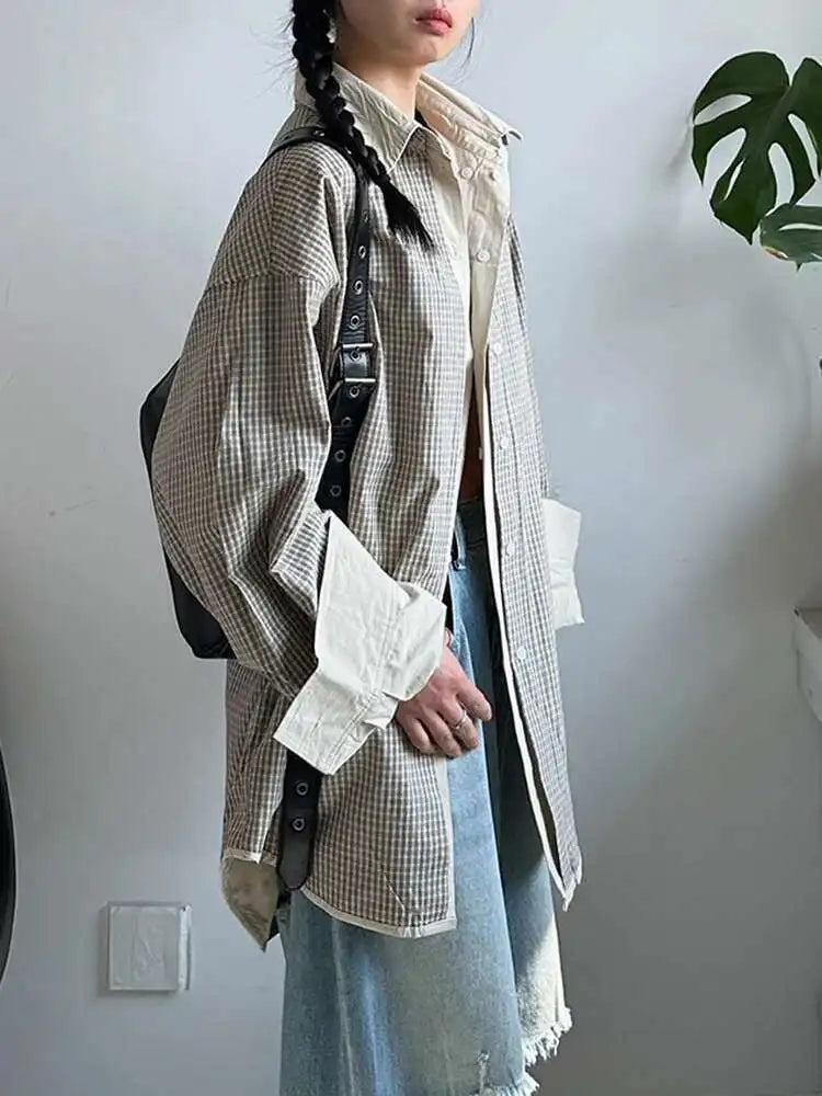 Women Khaki Plaid Double Layers Color-block Big Size Blouse New Lapel Long Sleeve Shirt Fashion Spring Autumn 2025 1DJ0728