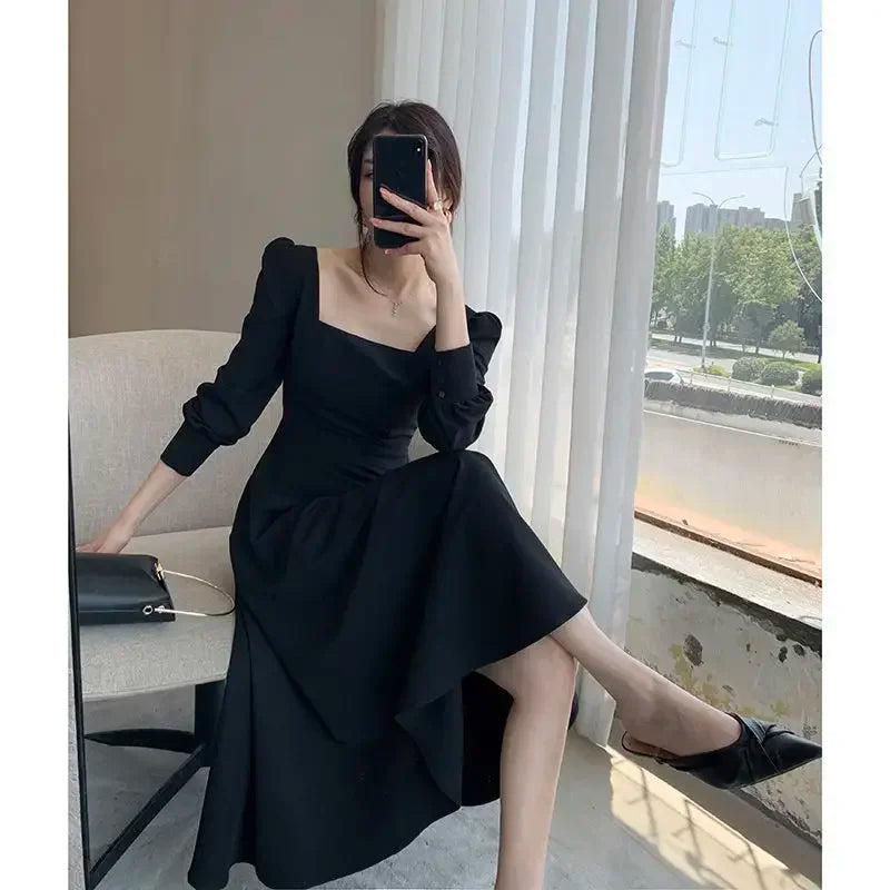 Vintage Black Long Sleeve Midi Dress Women French Square Collar Elegant Party Dresses Autumn 2021 Chic Trendy Kpop Clothes