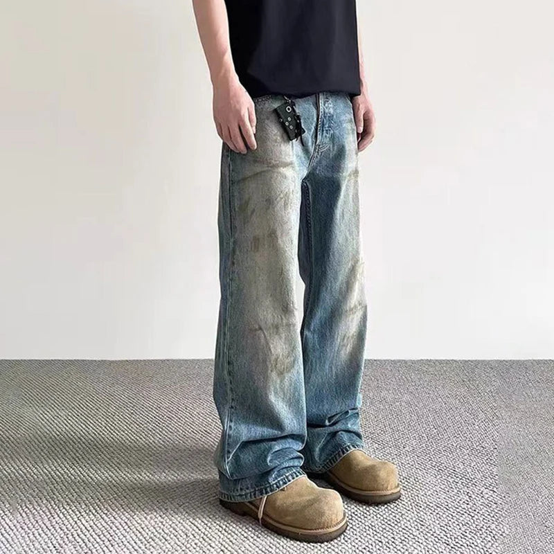 American Male Jeans High Street Design Tie Dye Make Old Style Denim Pants Slight Flared Fashion Men's Trousers 9W1481