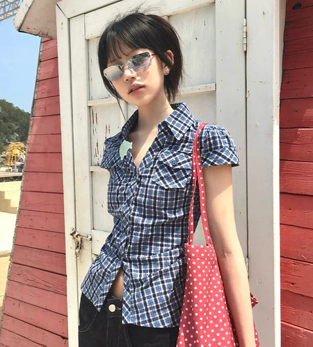Japanese Y2k Plaid Shirt Vintage Harajuku V-neck Blouses Korean Fashion Women Short Sleeve Shirts 2000s American Retro