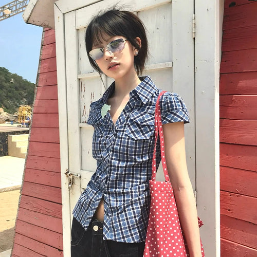 Load image into Gallery viewer, Japanese Y2k Plaid Shirt Vintage Harajuku V-neck Blouses Korean Fashion Women Short Sleeve Shirts 2000s American Retro
