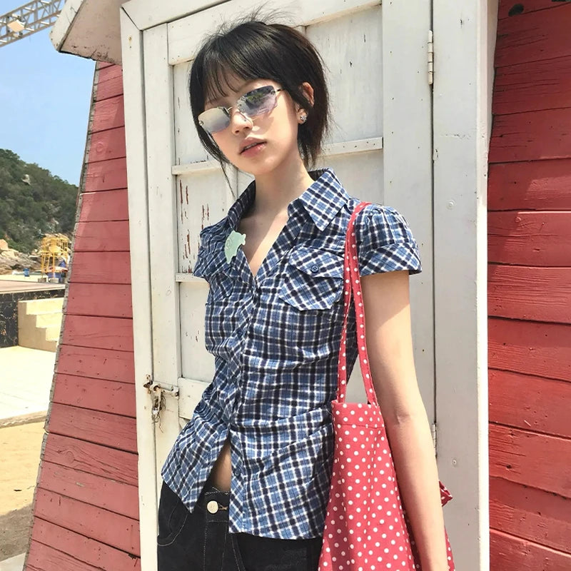 Japanese Y2k Plaid Shirt Vintage Harajuku V-neck Blouses Korean Fashion Women Short Sleeve Shirts 2000s American Retro