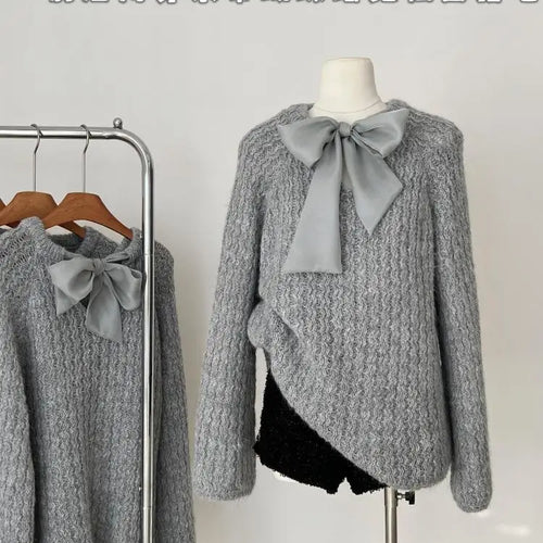 Load image into Gallery viewer, Korean Fashion Beige Elegant Long Sleeve Sweater Women Autumn Winter Grey Elegant Round Neck Bow Bandage Knitted Tops Popular

