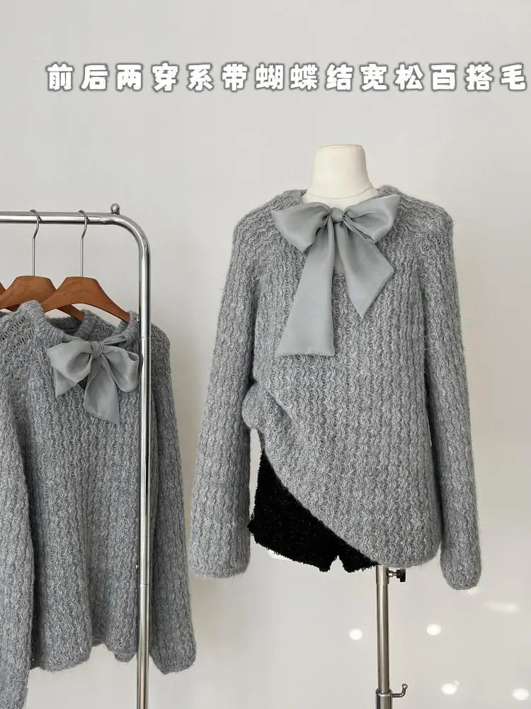 Korean Fashion Beige Elegant Long Sleeve Sweater Women Autumn Winter Grey Elegant Round Neck Bow Bandage Knitted Tops Popular