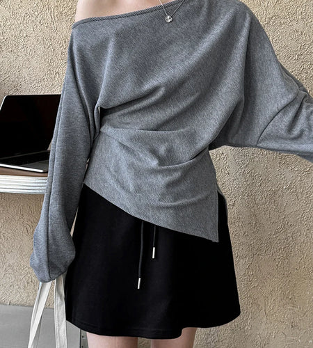 Black Irregular Pleated Sweatshirt New Skew Collar Long Sleeve Women Big Size Fashion Tide Spring Autumn 2025 1DJ0195