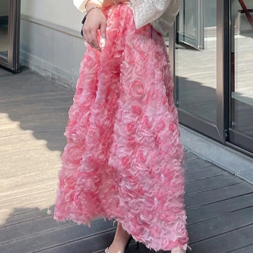 Load image into Gallery viewer, Elegant Long Skirts For Female High Waist Patchwork Florals Pink Mesh Midi Korean Style Women&#39;s Skirt Clothing
