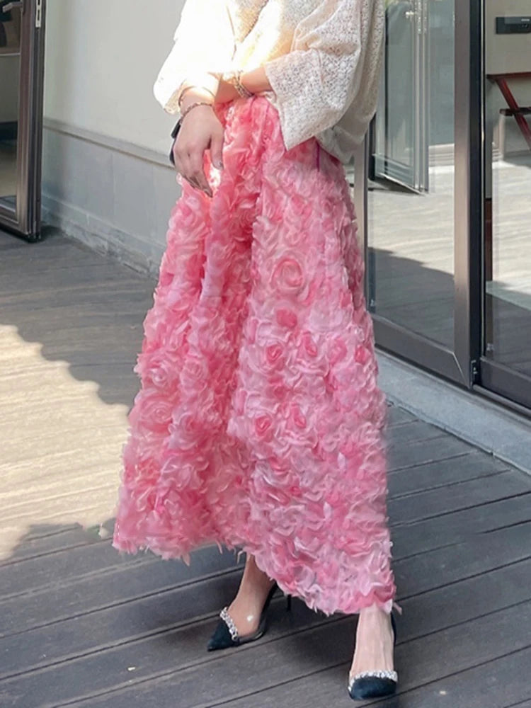 Elegant Long Skirts For Female High Waist Patchwork Florals Pink Mesh Midi Korean Style Women's Skirt Clothing