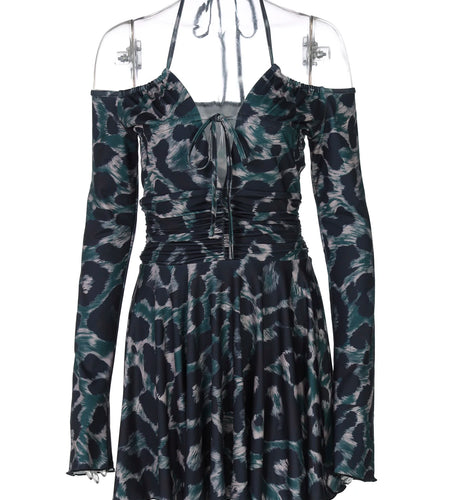 Leopard Print Halter Long Sleeve Lace Up Pleated Sexy Slim Mini Dress Women Fashion Y2K Clothes Streetwear Vacation