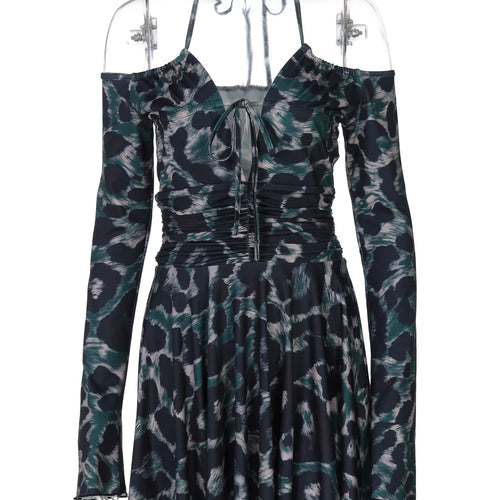 Load image into Gallery viewer, Leopard Print Halter Long Sleeve Lace Up Pleated Sexy Slim Mini Dress Women Fashion Y2K Clothes Streetwear Vacation
