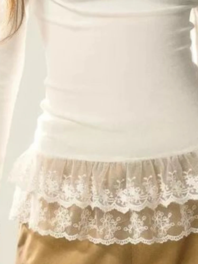 Y2k Aesthetic Women Cotton Casual T-shirt Streetwear Lace Patchwork Grunge Tshirts Harajuku Sweet White Basic Fairy Tee Femme