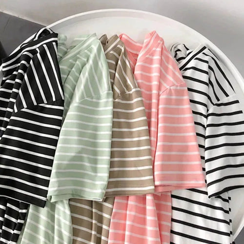 Load image into Gallery viewer, Harajuku Short Sleeve Korean O-Neck Casual Fashion Shirt Camiseta Feminina Tops T Shirt Women Solid Color Striped Punk T-shirt
