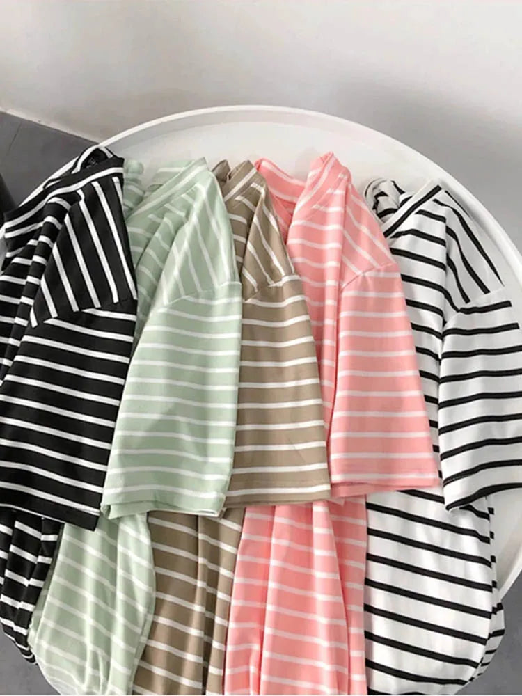 Harajuku Short Sleeve Korean O-Neck Casual Fashion Shirt Camiseta Feminina Tops T Shirt Women Solid Color Striped Punk T-shirt