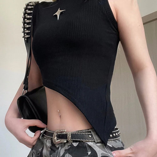 Load image into Gallery viewer, Streetwear Asymmetrical Bodycon Tanks Camis Metal Star Basic Vest Knitted Solid Summer Tops Cropped Sleeveless Tees
