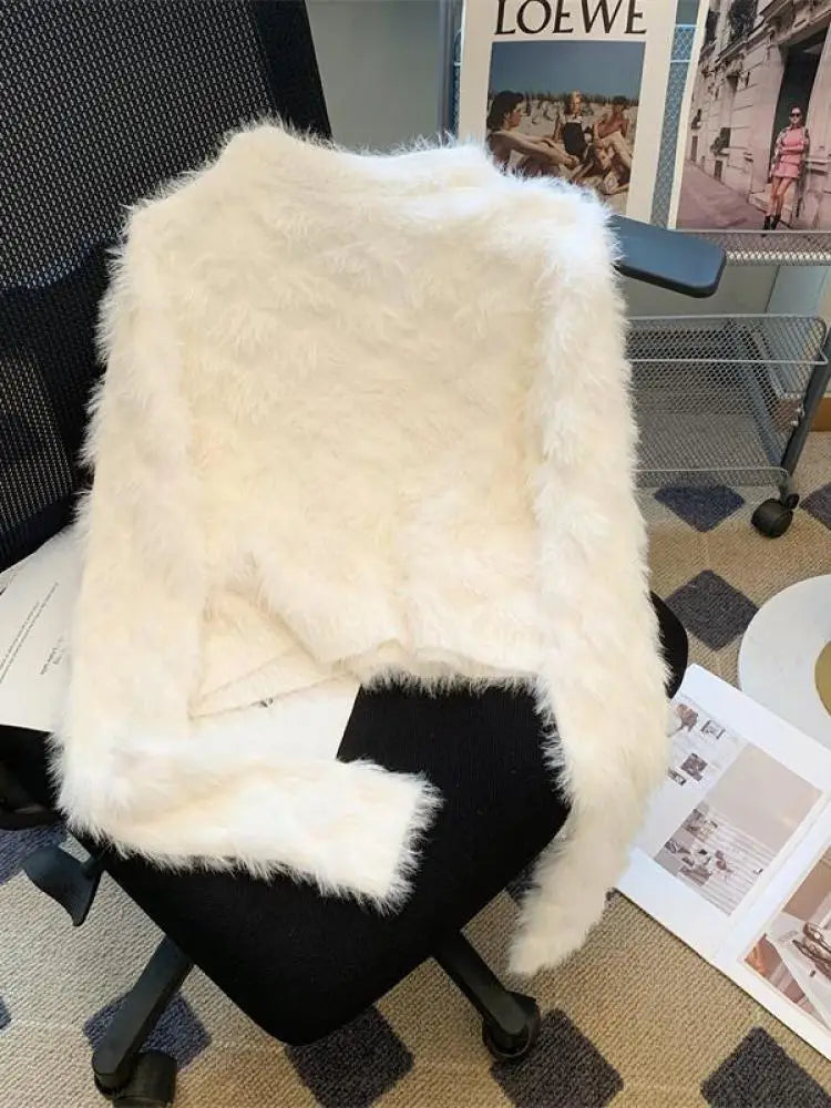 Autumn Winter French White Diamond Elegant Knitted Cardigan Tops Women's Pink V Neck Single Breasted Long Sleeve Mohair Sweater